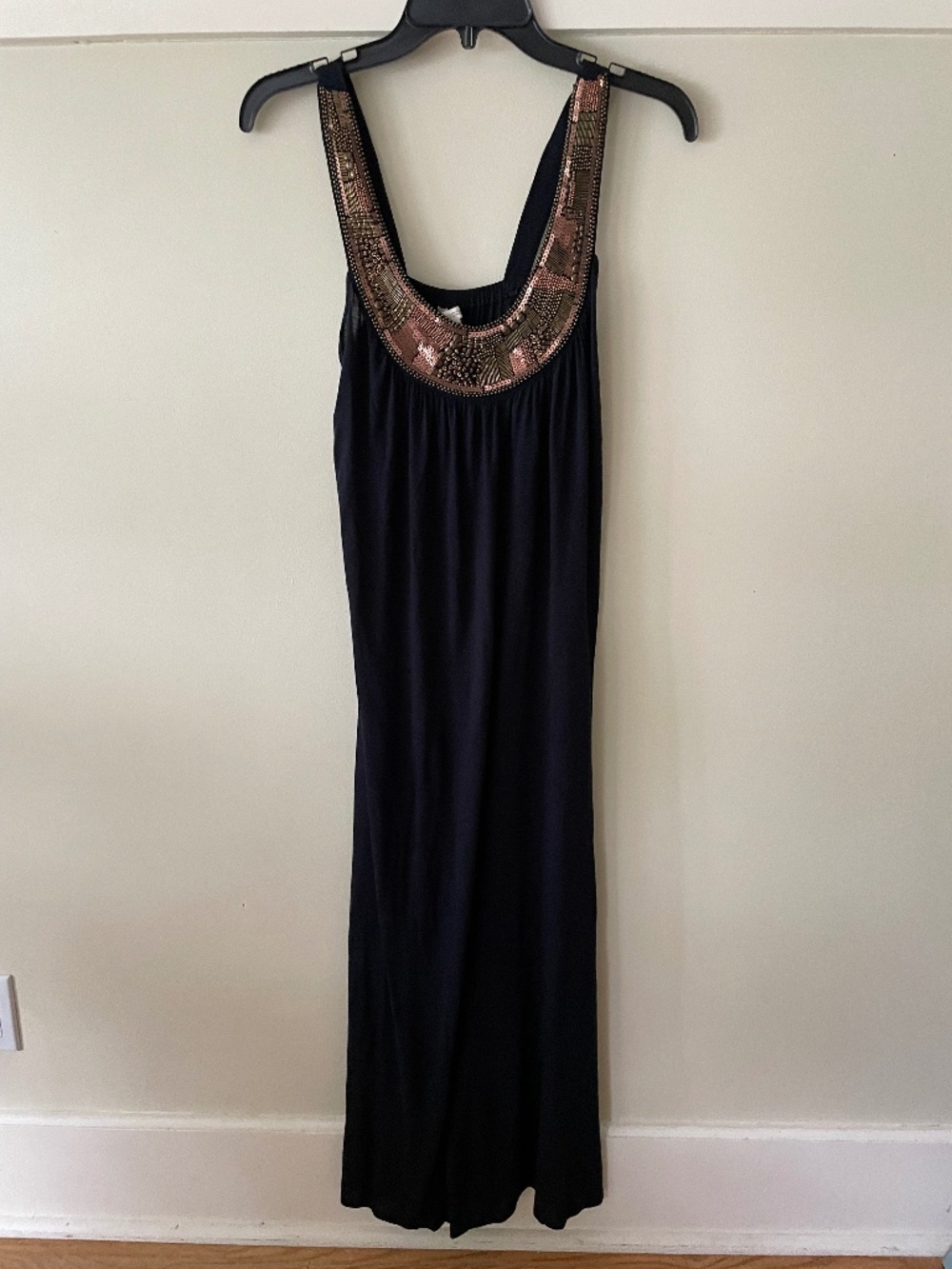Monsoon Black Beaded Sequin Neckline Maxi Dress Sleeveless l size S